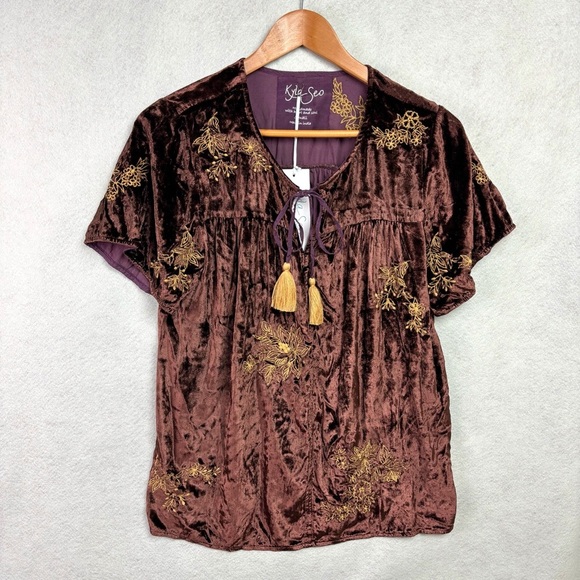 NWT Kyla Seo Anthropologie Handmade Embroidered Crushed Velvet Brown Blouse Sz S - Picture 2 of 14